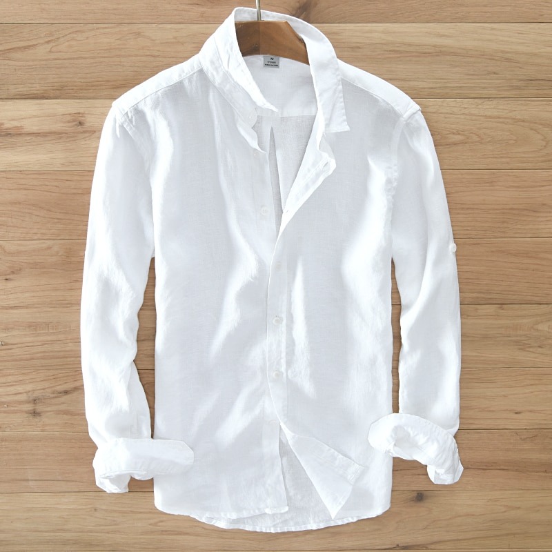 100% Pure Linen Long Sleeved Shirt Solid Color Shirts