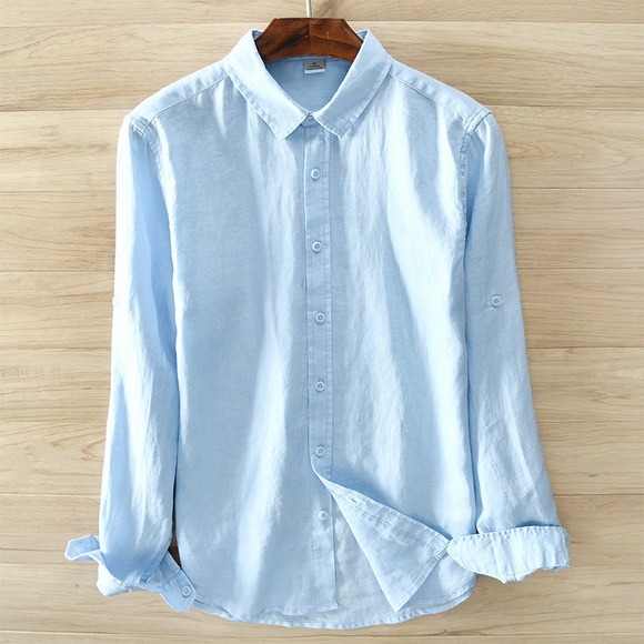 100% Pure Linen Long Sleeved Shirt Solid Color Shirts