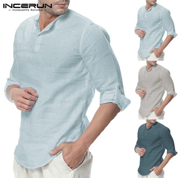 Men Casual Shirts Henley Collar V Neck Tops